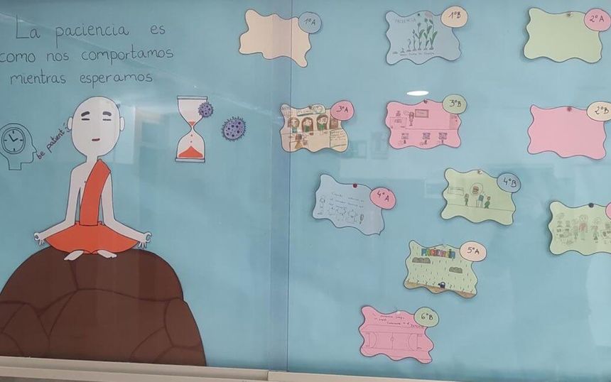 Primary noticeboard with drawings about the value of patience
