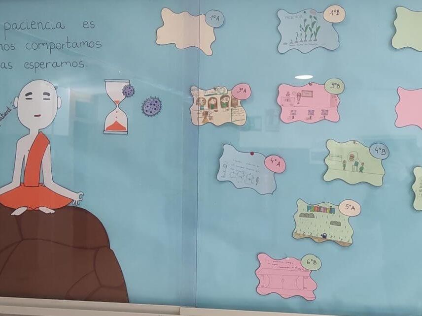 Primary noticeboard with drawings about the value of patience
