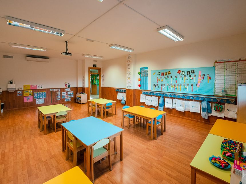 Aula de Infantil con mesas de colores