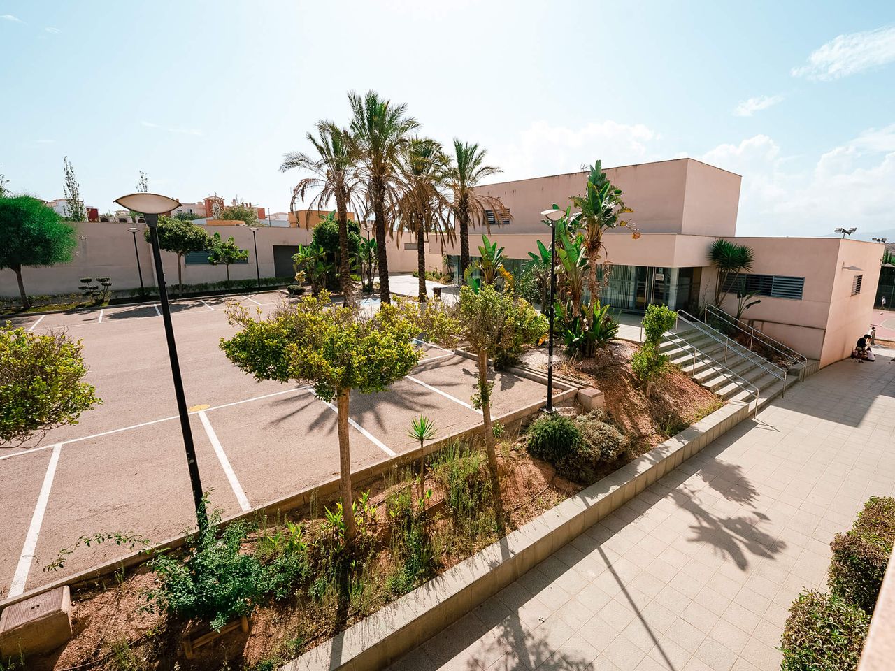 Acceso al edificio principal del colegio, entre palmeras y jardines
